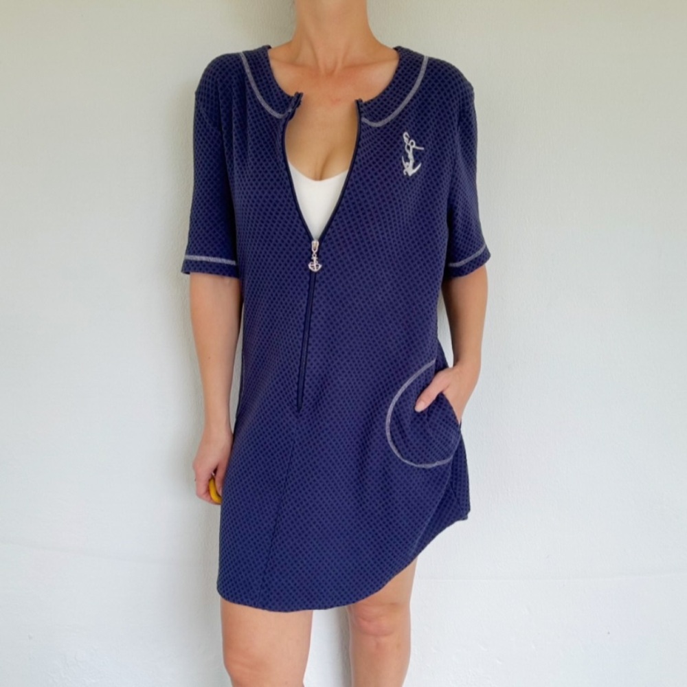 Vintage navy blue anchor print textured knit half zip swim coverup robe large